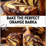 A sliced Chocolate Orange Babka Bread Loaf with glossy chocolate swirls and orange zest on a wooden board.